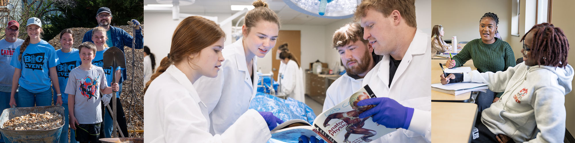 Collage of students volunteering outdoors, studying anatomy in a lab, and participating in a classroom discussion.