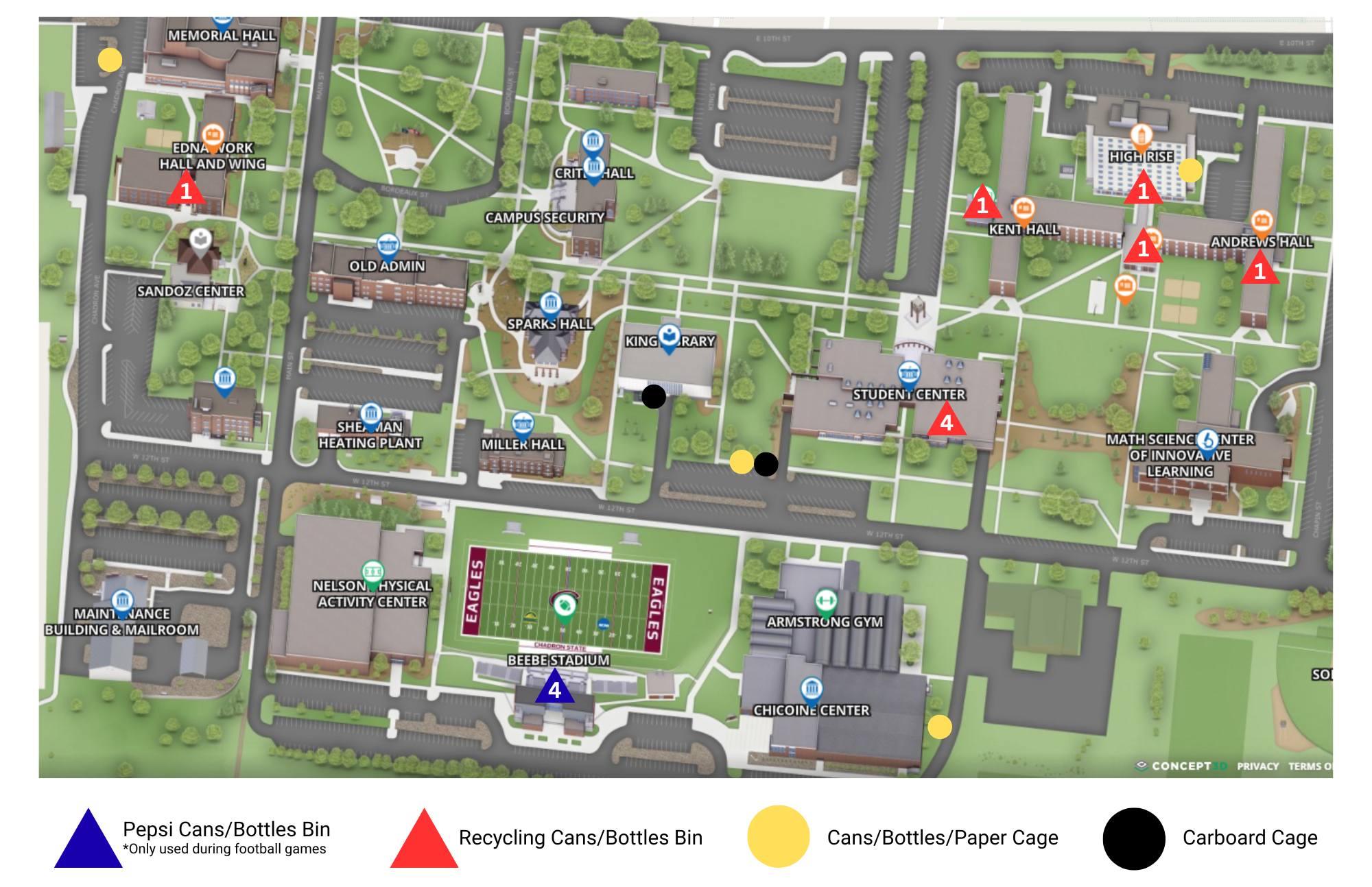 Map showing recycle bin locations on campus. Including:Edana work hall, kent hall, high rise, andrews hall, the hub, the student center, and the chicoine center