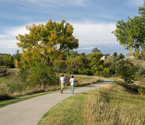 Two people walking on a sidewalk surrounded by trees