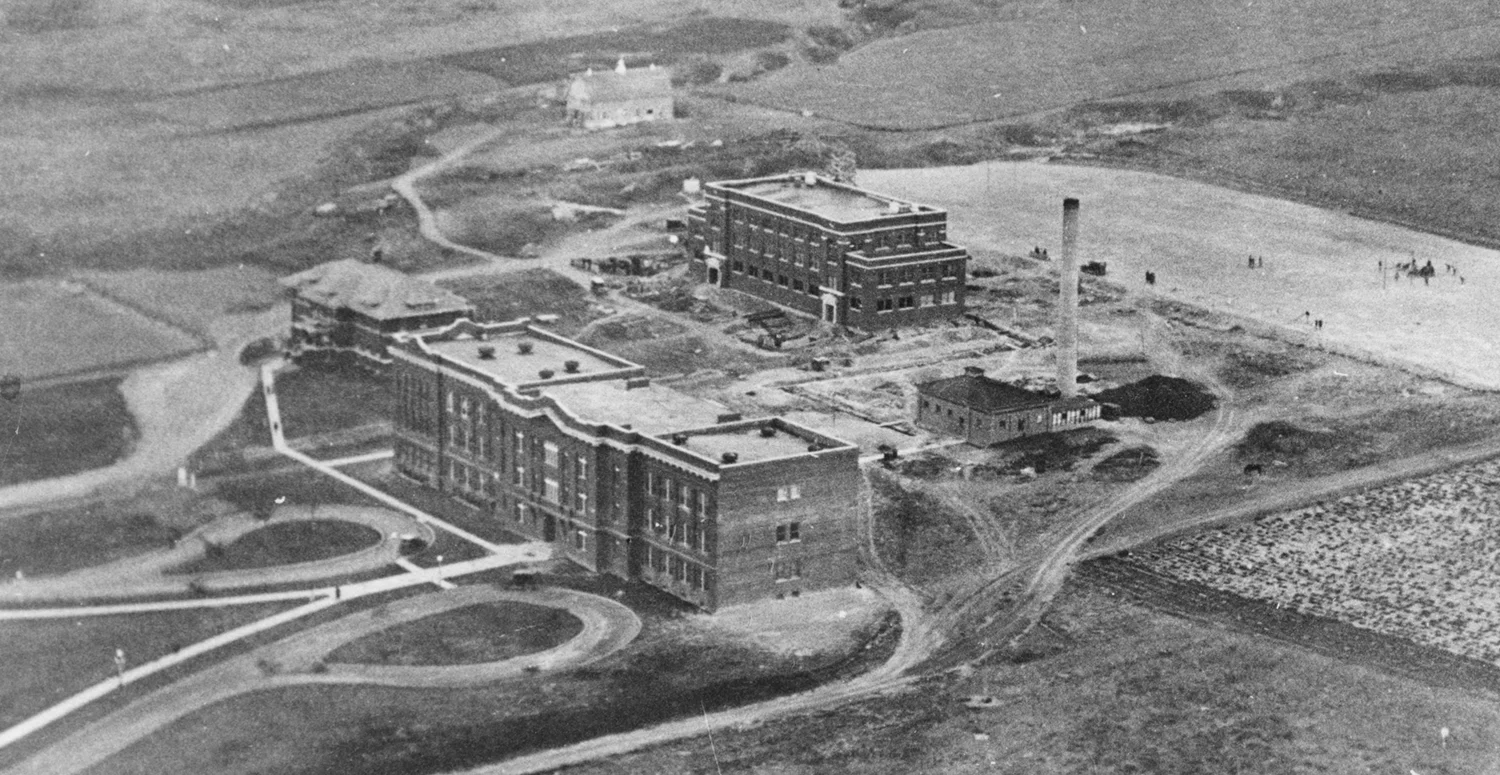 Aerial view of several campus buildings