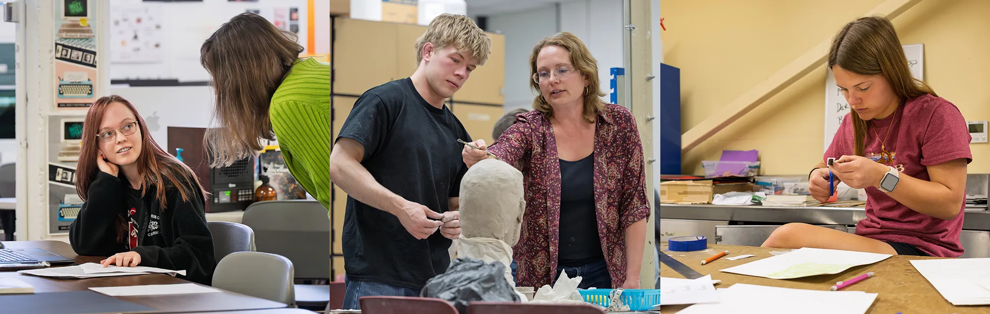 Three scenes of students working on graphic design, sculpture, and collage projects