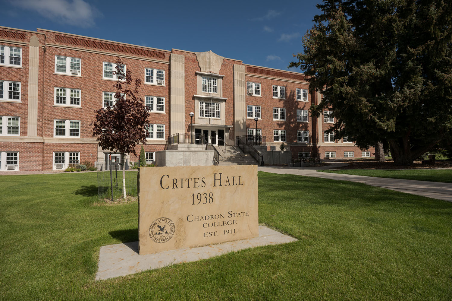 Crites Hall exterior with Crites Hall sign in foreground