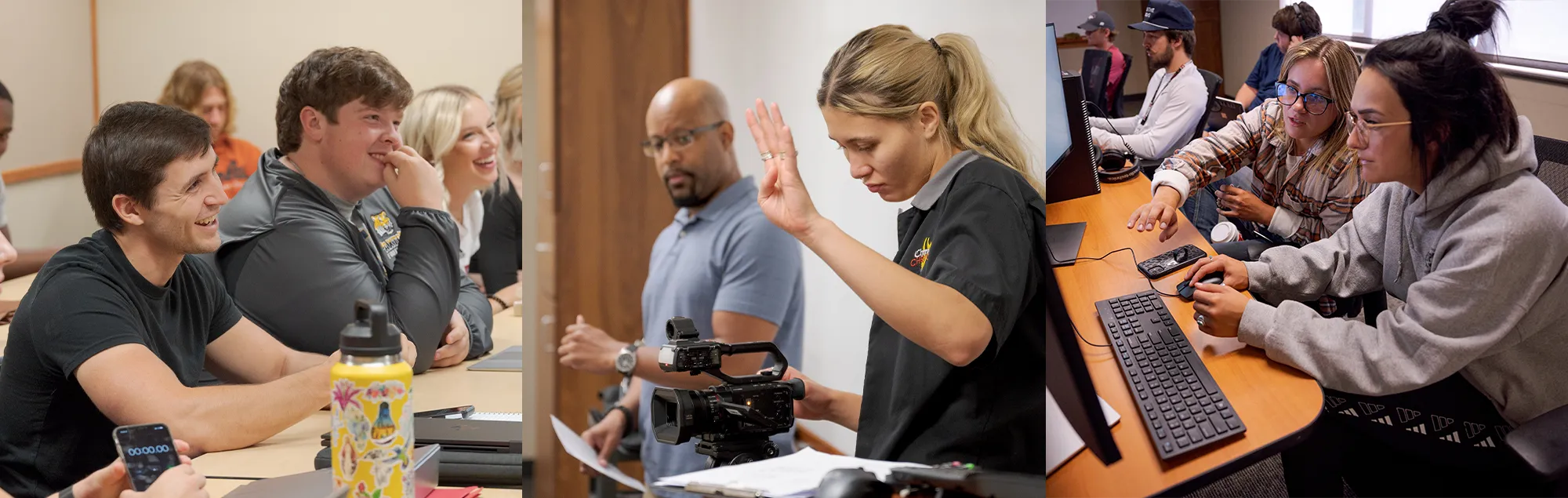 Three scenes showing Communication students working on classroom and hands-on projects
