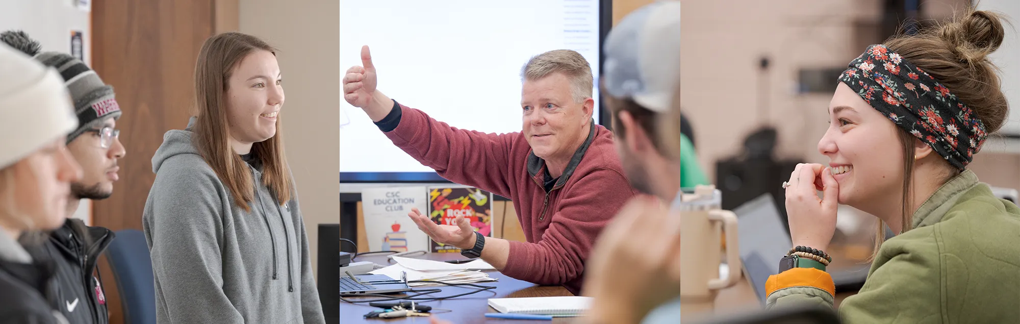 Three scenes showing Education students and faculty engaged in classroom discussion