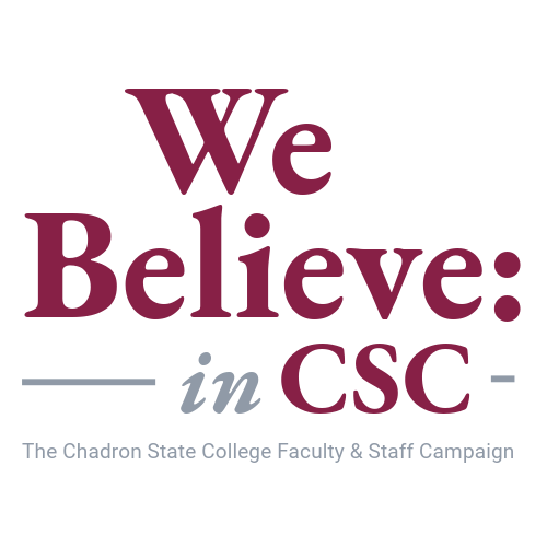 Text only logo that reads We Believe: in CSC, The Chadron State Faculty & Staff Campaign