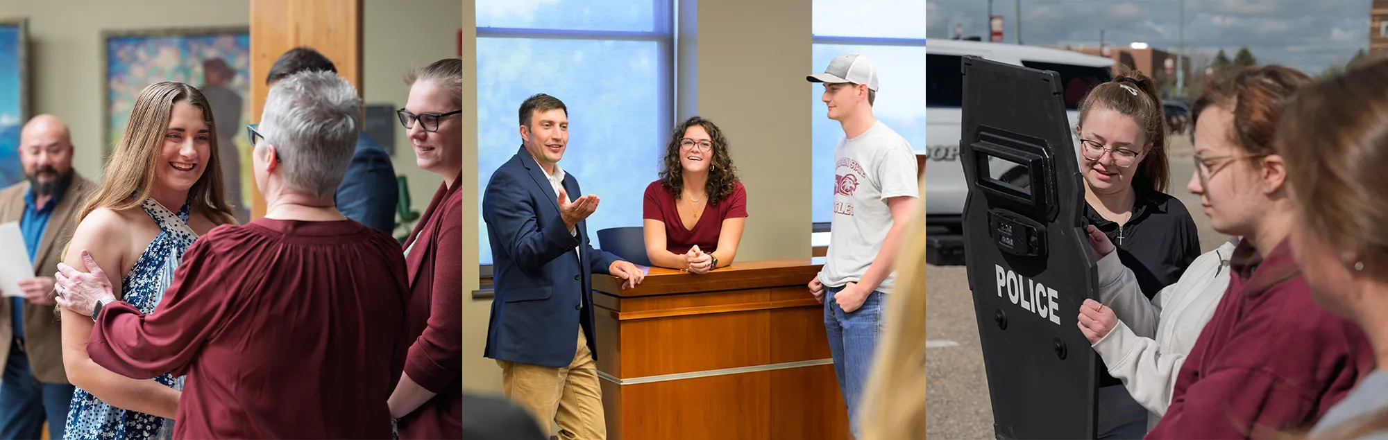 Three scenes showing Justice Studies students in the classroom and field