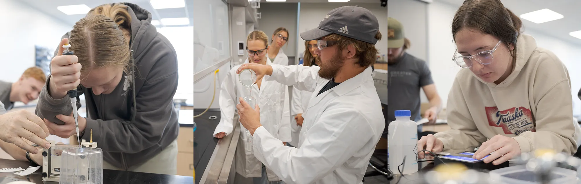 Three scenes of students working on chemistry lab projects