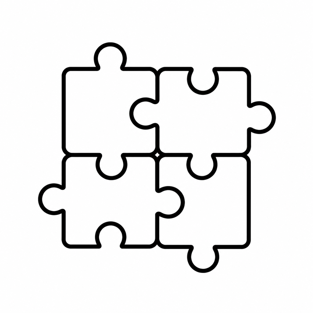 Four connected puzzle pieces symbolizing program components.