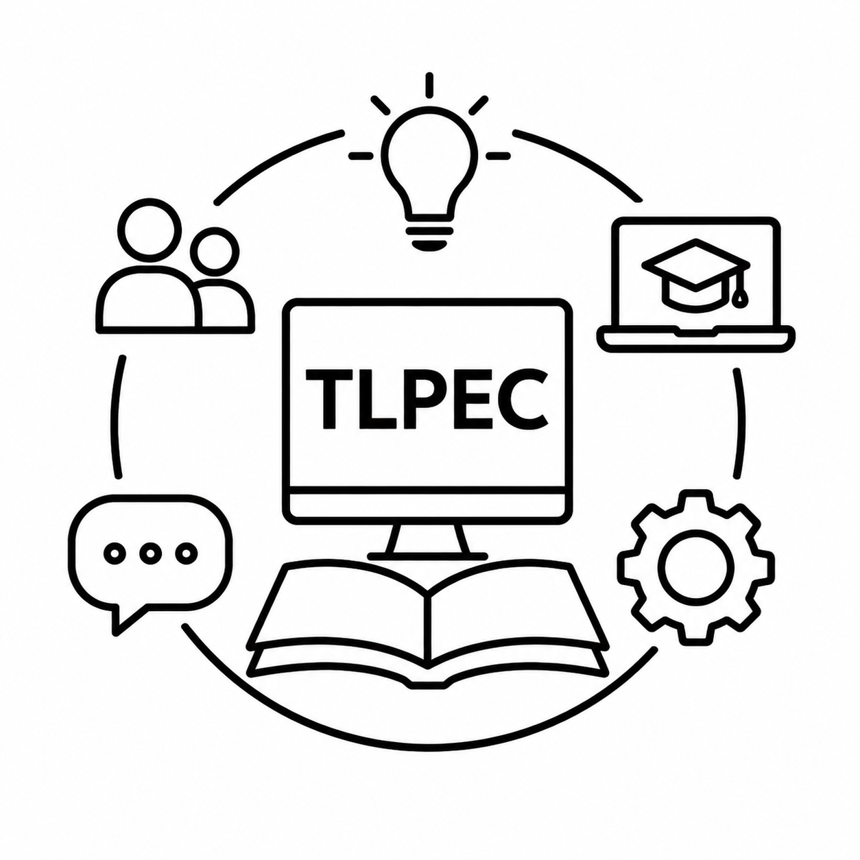 Icon representing the Teaching, Learning, and Professional Education Center (TLPEC) with symbols for technology, teaching, collaboration, learning, and innovation.