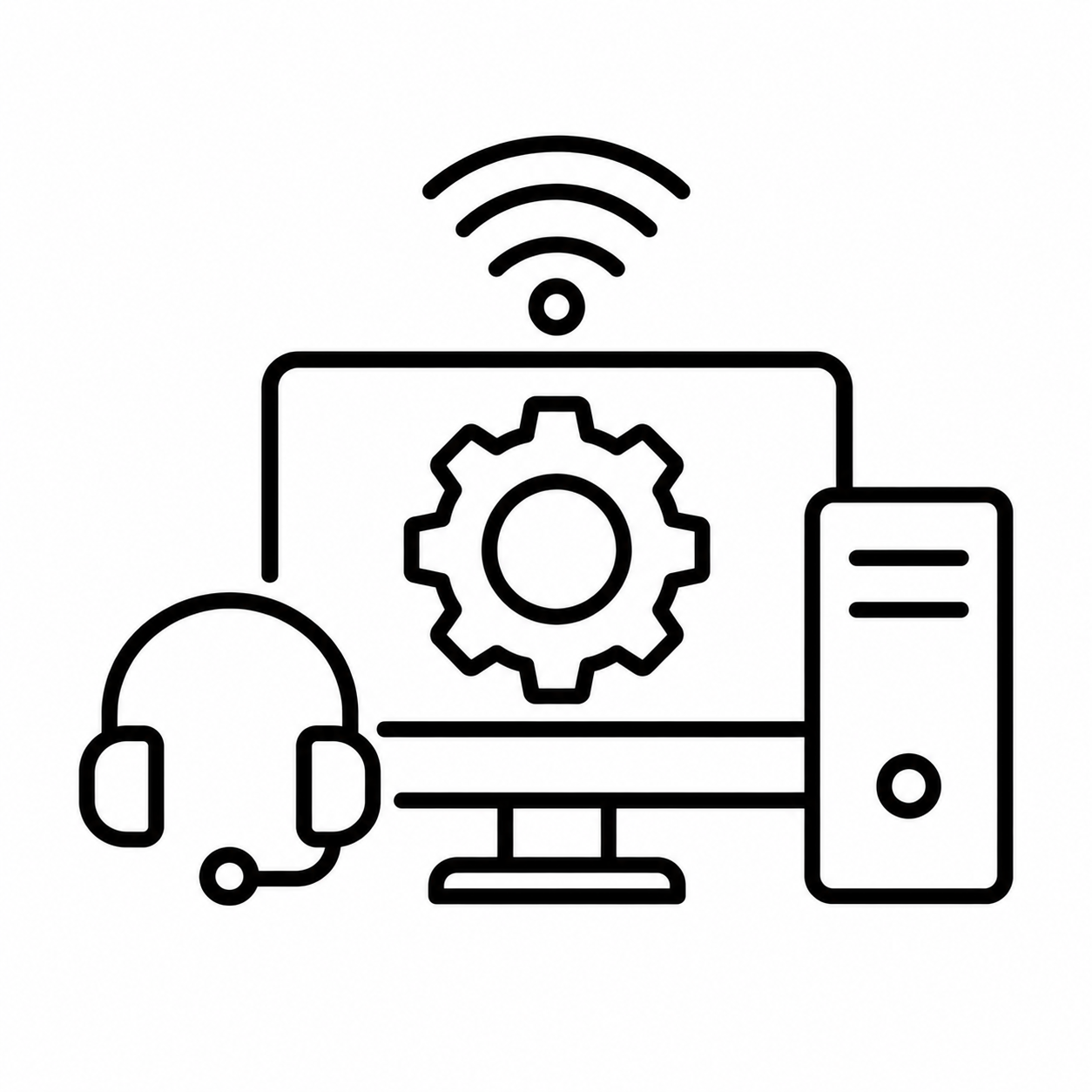 Icon representing Information Technology with a computer, support headset, server, wireless connection, and settings gear.