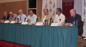 Jordan Ball, Terry Terrell, Steve Sibray, moderator Mike Leite, Rex Amack,  Bruce Troester and Tom Oliver.
