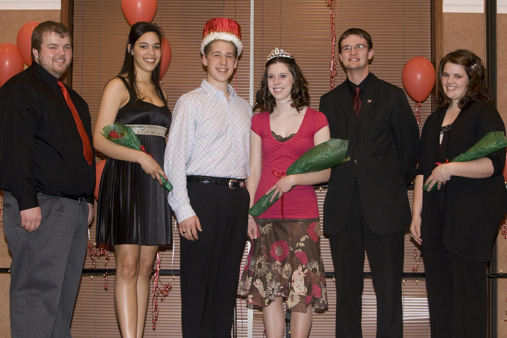 Chadron State College Winter Magic Formal king and queen, Trevor Dietrich of Mitchell and Sarah Counts of Chappell, are flanked by the competition's runners-up.