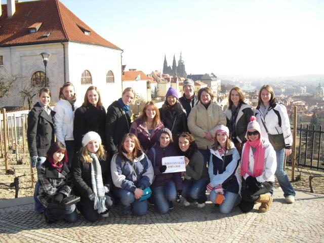 The group from Chadron State College stops for a photo at a sight overlooking Prague.