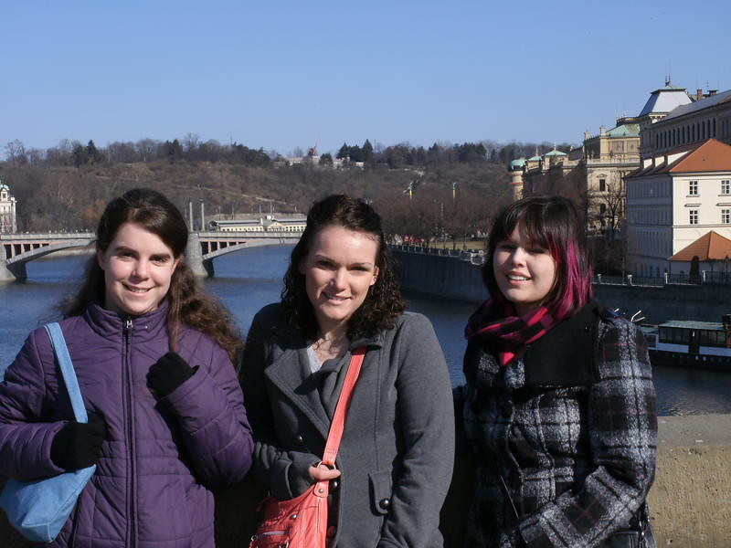 Rayna Waggener, Danielle Tejral and Chantel Sullivan stop for a photo near the St. Charles Bridge in Prague.