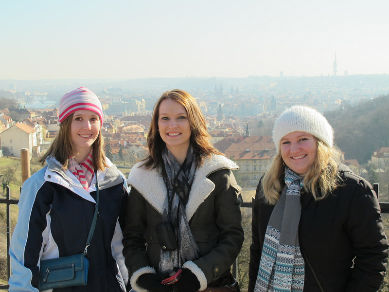 Heather Converse, Ashley Rushman, Caitlin Kurtz stop for a photo in Prague.