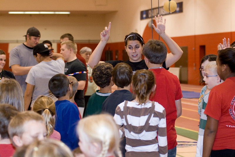 Chadron State College student Katelyn McBeth of British Columbia gets children organized for the 2010 Jump Rope for Heart at the Nelson Physical Activity Center.