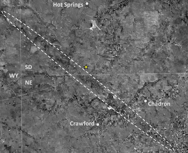 The lineament outlined with a dashed line was recently discovered by Chadron State College scientists.
