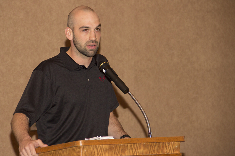 Joshua Dean, who is serving a rotation at the Chadron Medical Clinic, tells about his experiences as a University of Nebraska Medical Center physician's assistant student. (Photo by Justin Haag)