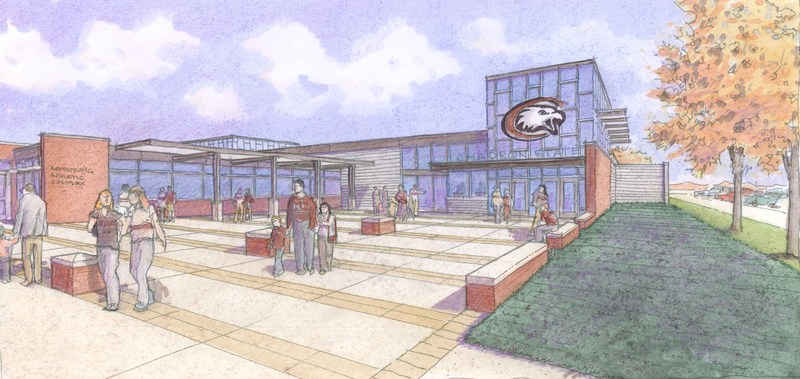A ground level view of the future Armstrong project at its new main entrance at the southwest corner of the building. (Illustration by Leo A Daly)