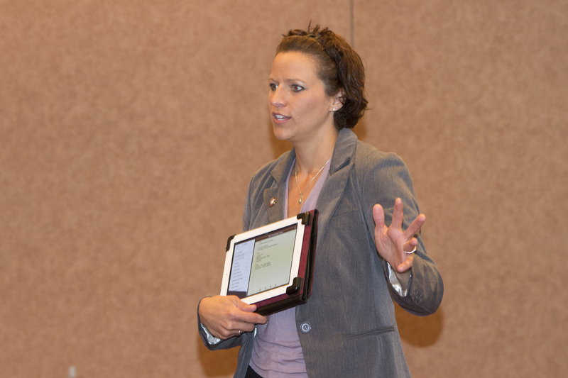 Ronda Neugebauer, CSC academic support center coordinator, delivers a presentation about campus technology during orientation activities for new students and their guests Friday, Aug. 17