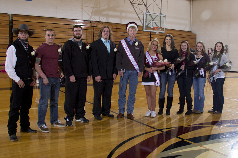 Homecoming king and queen Donald Hlava and Megan Dimmitt are flanked by their court. They are Tell Deatrich, Kyle Duarte, Bryce Harrington, Sam Parker, Sarah Kingsbury, Kassy Thompson, Tess Clemetson and Amy Graham.