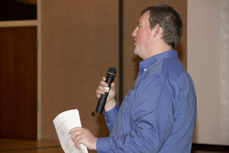 Andrew Borgialli, a Chadron State College student who works for the Nebraska Business Development Center, speaks during the Entrepreneurship Extravaganza. (Photo by Justin Haag)