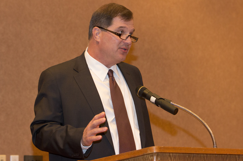 Randy Rhine speaks after being introduced as the next president of Chadron State College. (Photo by Justin Haag) Randy Rhine speaks after being introduced as the next president of Chadron State College. (Photo by Justin Haag)