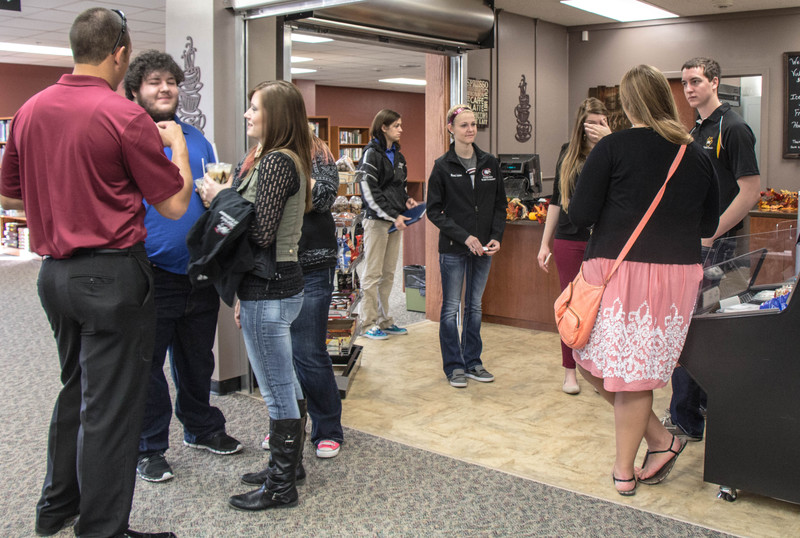 Students leaders from Chadron State College, Peru State College and Wayne State College visit in the Library Learning Commons during their campus tour Friday. (Tena L, Cook/Chadron State College)