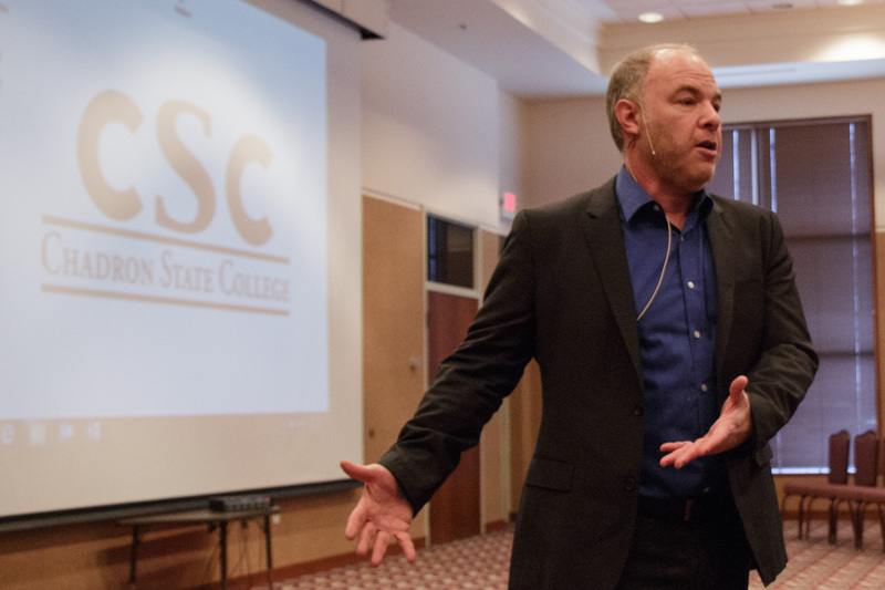 Dr. Jackson Katz addresses a maximum capacity crowd in the Chadron State College Student Center Tuesday.
