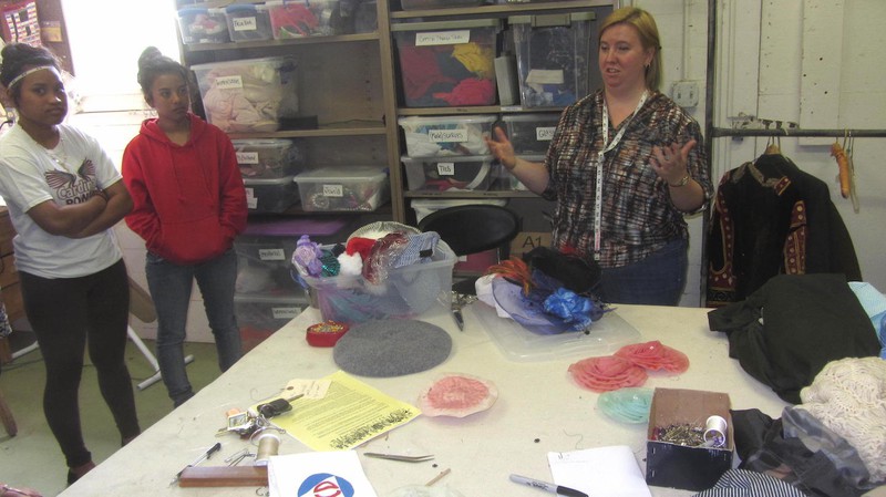 Phoebe Boynton costume designer for the Post Playhouse, tells Upward Bound students about her work designing