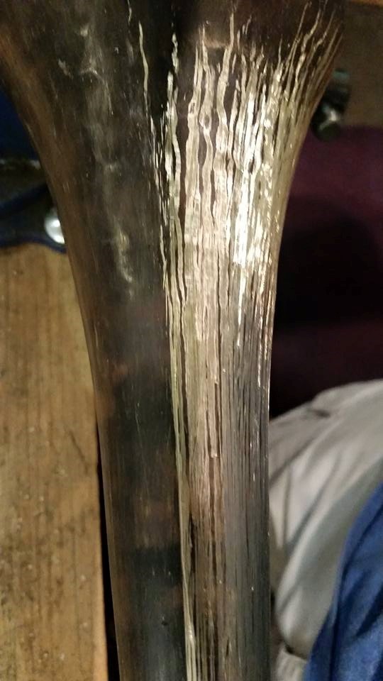 The bell of the trumpet shows the marks of a fine scraper.
