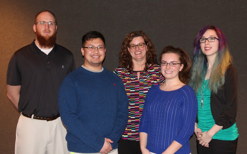 Chadron State College students Christian Ahlers, Johnathan Sayaloune, Mari Sandoz Center Director Sarah Polak, MacKenzie Carroll and Misty Dickey.