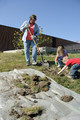 Two children help Mays plant a tree