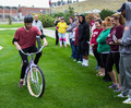 Danny Guelzow attempts to ride the reverse steering bike
