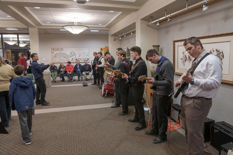 Dr. McKay Tebbs, assistant professor of music, directs the guitar ensemble during the 2019 High Plains Band & Choir Festival on February 5. (Photo by Daniel Binkard/Chadron State College)