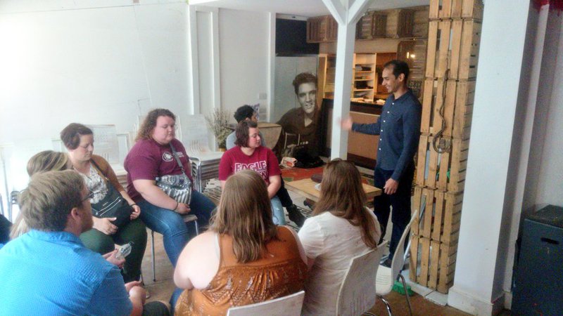 Chadron State College Business students talk with Jeremy, a entrepreneurial chef