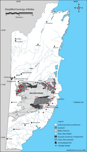 Simplified geology of Belize map published by Tawny Tibbits.