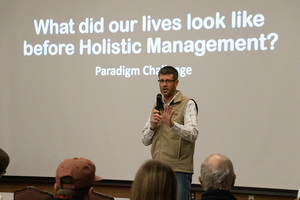 Josh Dukart of Seek First Ranch near Hazen, N.D., speaks in the CSC Student Center