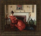 Oil painting of a woman sewing