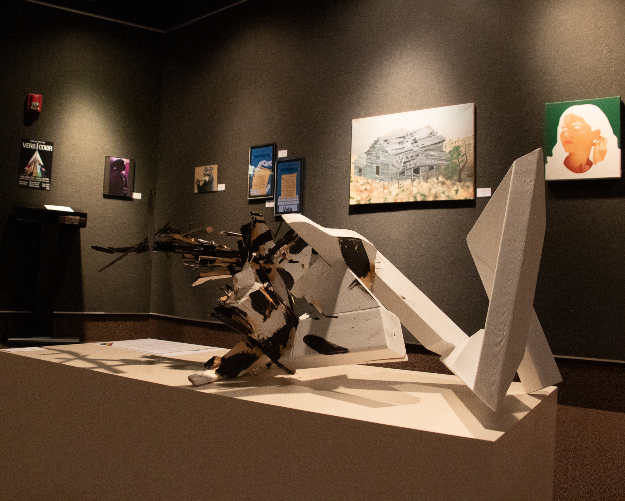 Multimedia and paintings in a gallery