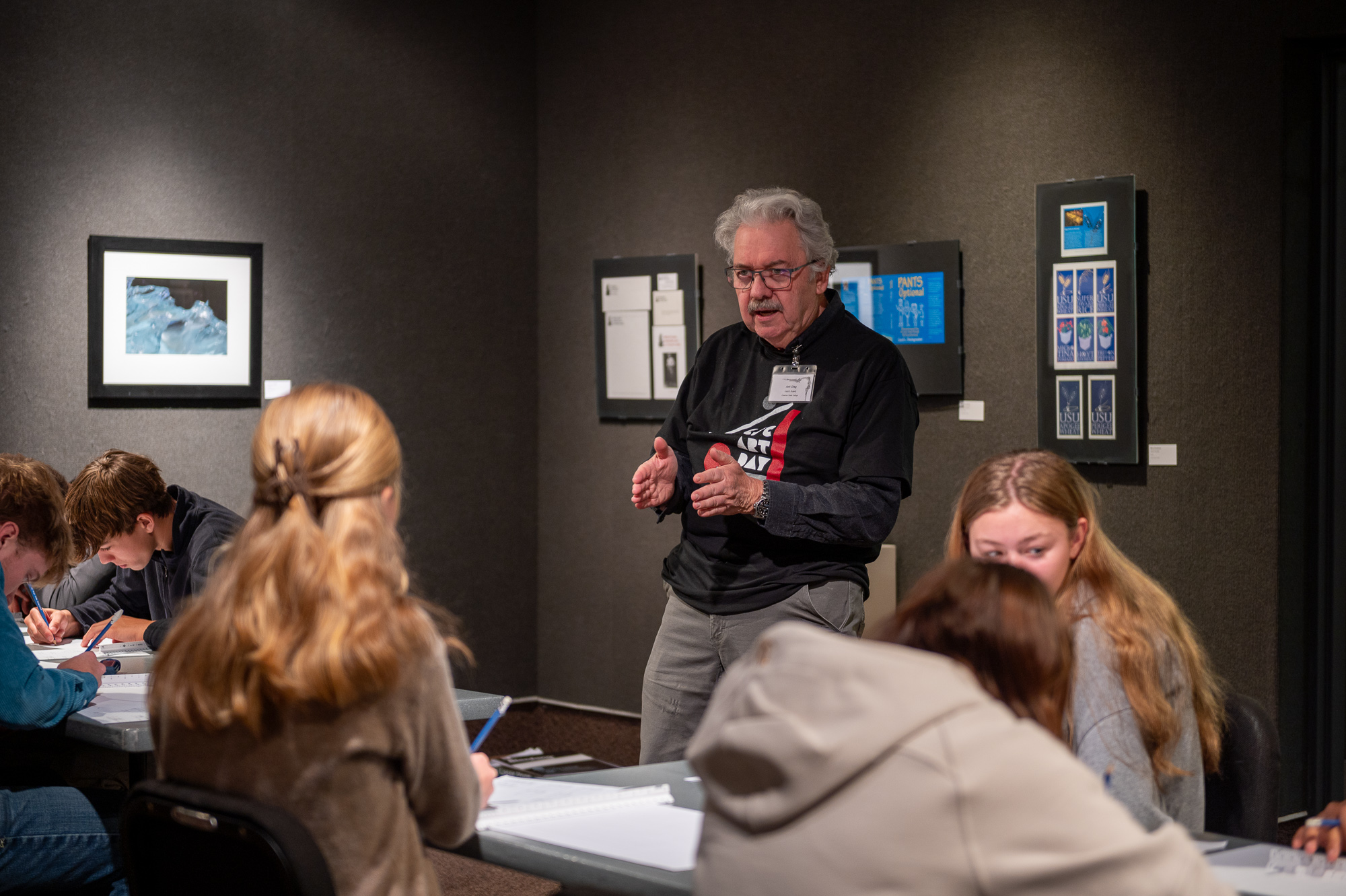 Adjunct Instructor Jack Kant teaches workshop on architecture in the Memorial Hall main gallery at Art Day, Nov. 6, 2024. (Photo by Sydney Brown/Chadron State College)