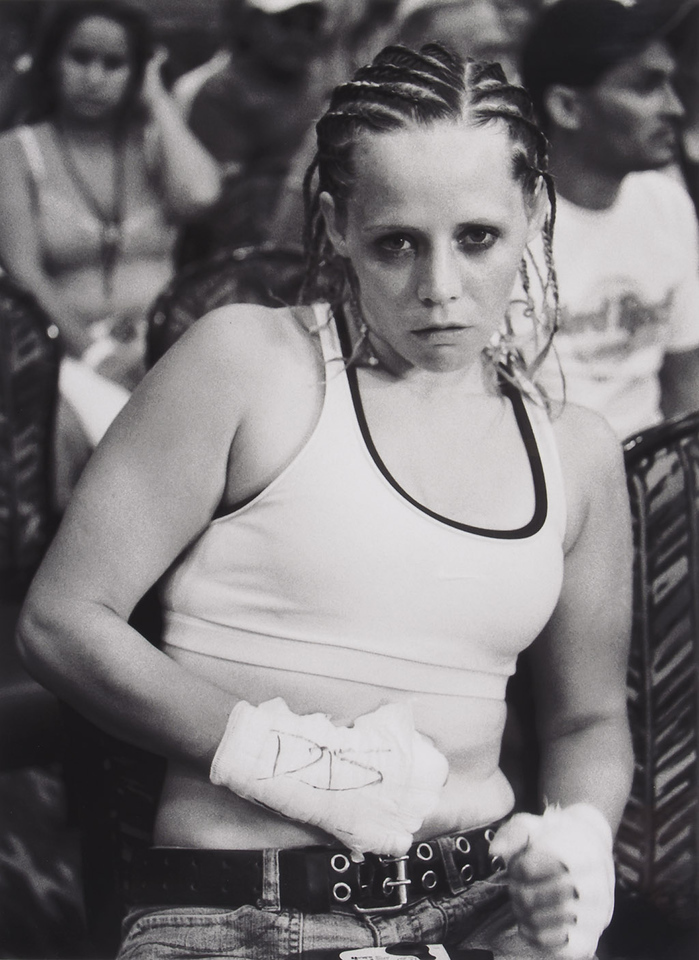 Black and white photo of female boxer