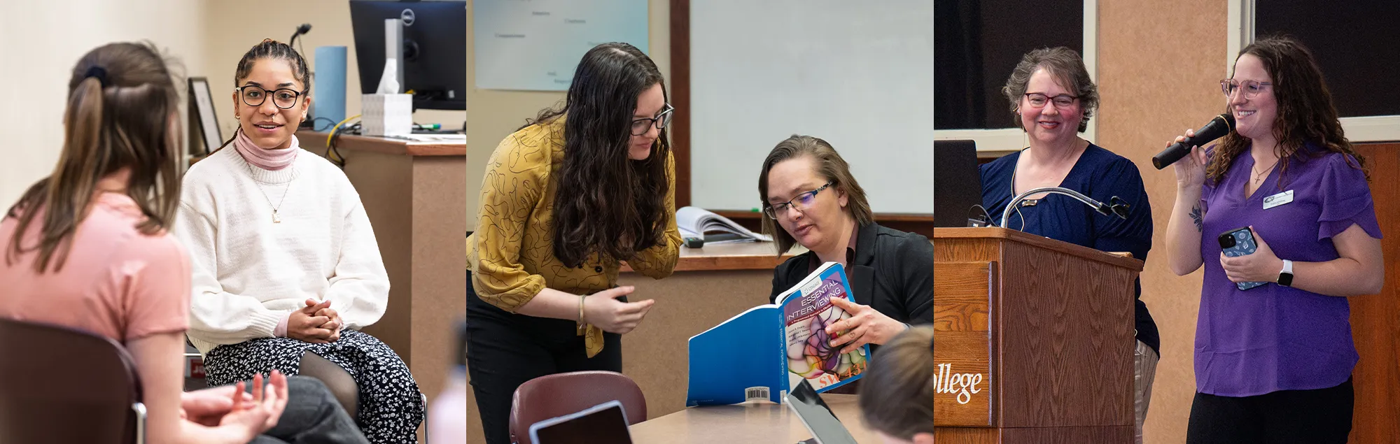Three scenes of Social Work students and faculty working on classroom and public presentation projects