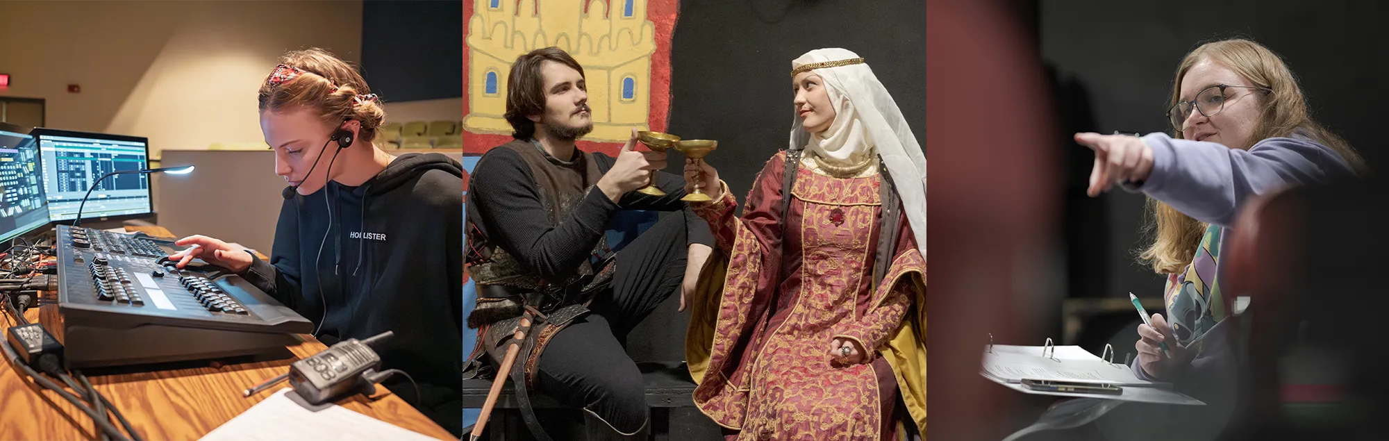 Three scenes of Theatre students working behind the scenes and acting in a show