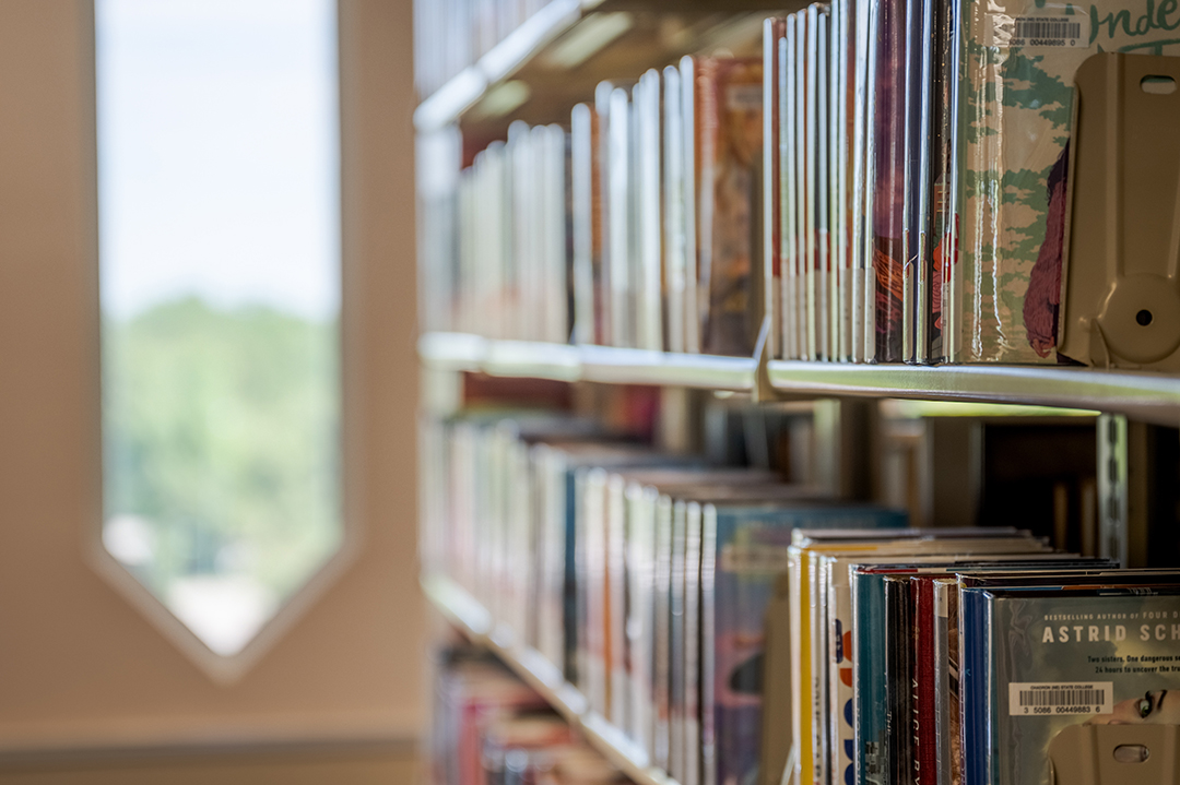 Books on the shelves in Reta King Library, window looking out on campus in the background.