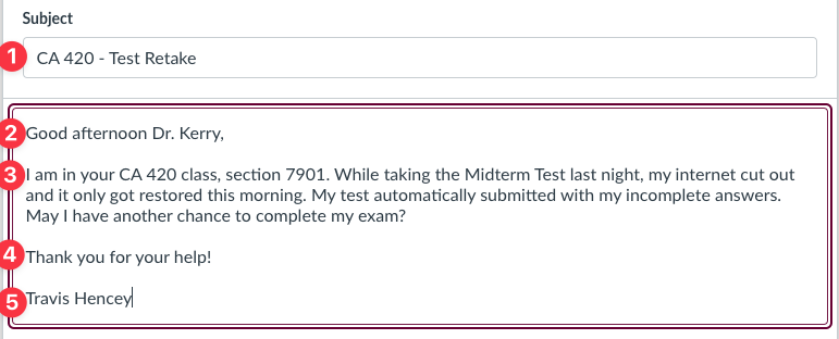 Screenshot of a student message to an instructor